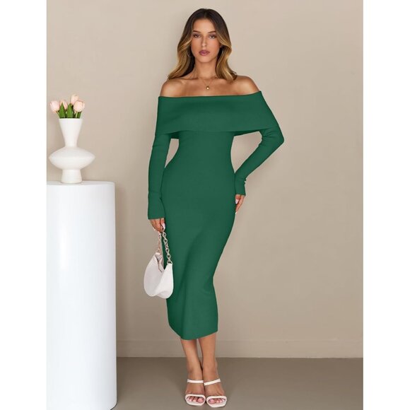 Merokeety Women's Darkgreen Off Shoulder Long Sleeve Elegant Bodycon Midi Dress - Picture 2 of 9